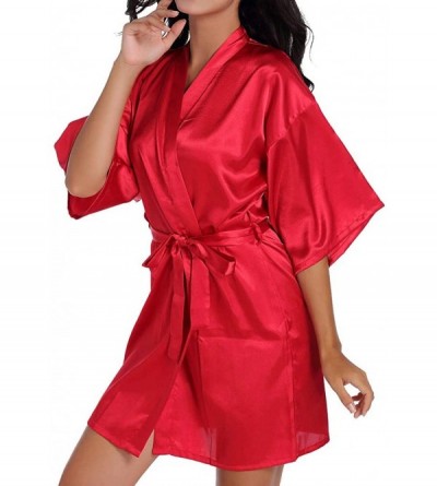 Robes Women Satin Robe Sexy V-Neck Letter Print Silky Kimono Bathrobe Nightgown Sleepwear - Red - CL194TECNYN $12.75
