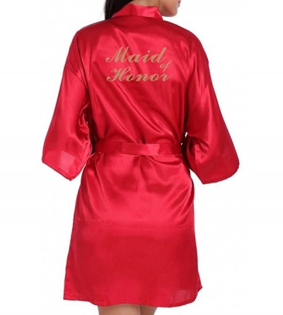 Robes Women Satin Robe Sexy V-Neck Letter Print Silky Kimono Bathrobe Nightgown Sleepwear - Red - CL194TECNYN $12.75