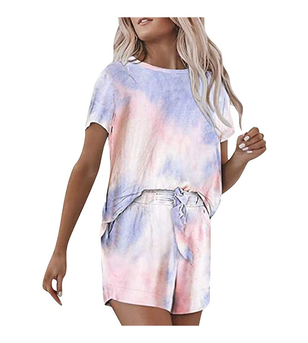 Sets Womens 2 Piece Outfits Sweatsuit Gradient Tie Dye Print O Neck Short Sleeve Tops and Shorts Pajamas Set - Purple - CF190...