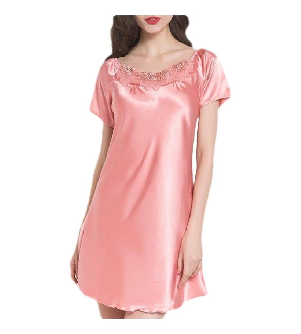 Nightgowns & Sleepshirts Womens Plus Size Loose Fit Lace Satin Short Sleeve Crewneck Nightgown Sleep Dress - One - CS19DNT6LW...