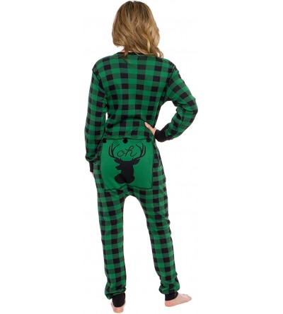 Sets Oh Deer Buffalo Flannel One Piece Pajamas Womens Union Suit Pajamas with Drop Seat Butt Flap Green / Black Plaid - CC18A...