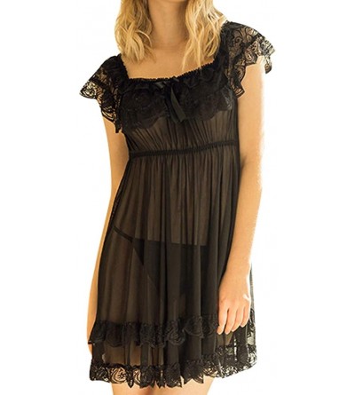 Nightgowns & Sleepshirts Plus Size Short Sleeve Lace Satin Vintage Nightdress Pajamas - Black - CL18UYQIG6Z $10.43