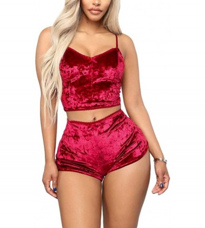 Sets Womens Sexy Pajamas Set Velvet 2 Piece Outfits Crop Top Cami Shorts Sets Loungewear - 2red - CM18Q925260 $18.12