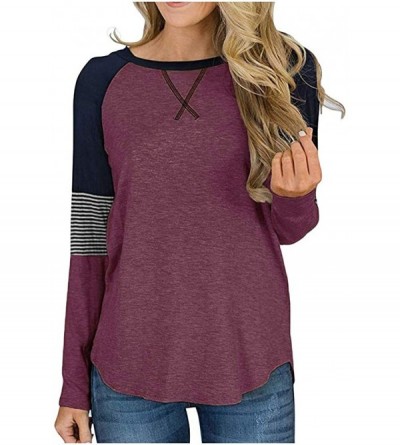 Nightgowns & Sleepshirts Women Ragland T Shirt Color Block Striped Sleeve Baseball Long Sleeve T Shirt Casual Tee Tops - Wine...