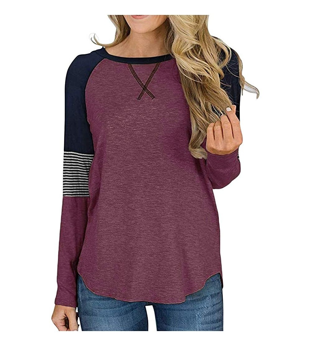 Nightgowns & Sleepshirts Women Ragland T Shirt Color Block Striped Sleeve Baseball Long Sleeve T Shirt Casual Tee Tops - Wine...