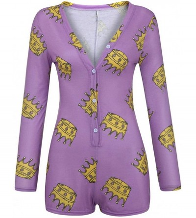 Sets Women Striped One Piece Pajama Union Suit Underwear Set Long Sleeve Romper Jumpsuit Sleepwear - Shorts Purple - C1199DQ3...