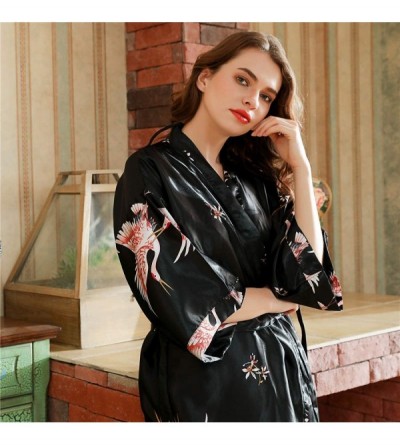 Robes Women's Long Classic Satin Kimono Lounge Bathrobe Robe Dressy Pajamas - Black - C4197KXWKLH $18.22