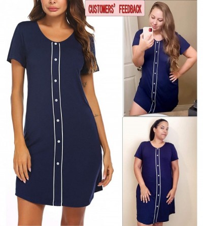 Nightgowns & Sleepshirts Womens Nightgown Short Sleeve Sleep Shirt Button Down Sleepwear Sexy Pajama Dress - Navy Blue - CT19...
