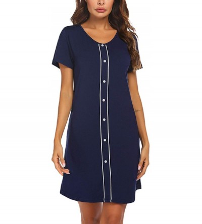 Nightgowns & Sleepshirts Womens Nightgown Short Sleeve Sleep Shirt Button Down Sleepwear Sexy Pajama Dress - Navy Blue - CT19...