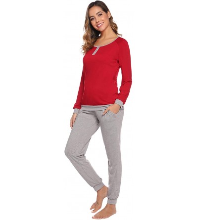 Sets Women's Cotton Long Sleeve Pajamas Set Soft Sleepwear Loungewear - Red - CV192EU7UQN $27.66