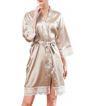 Nightgowns & Sleepshirts Women's Pure Color Short Satin Kimono Robes Lace Trim V-Neck Bridesmaid Wedding Party Dressing Gown ...