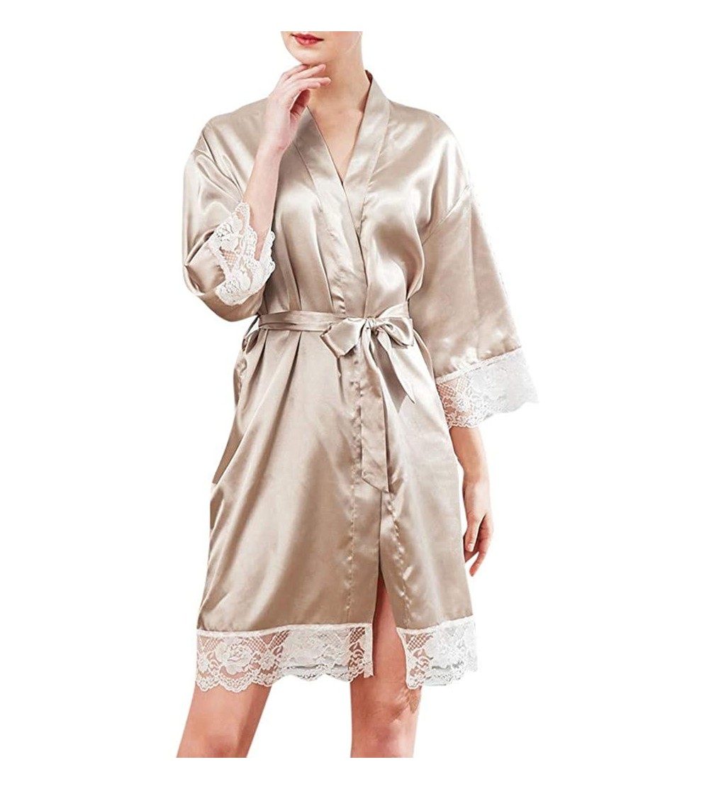 Nightgowns & Sleepshirts Women's Pure Color Short Satin Kimono Robes Lace Trim V-Neck Bridesmaid Wedding Party Dressing Gown ...