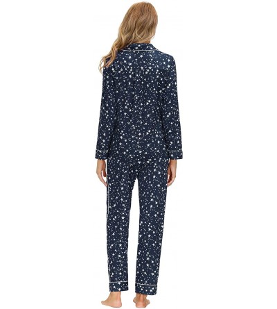 Sets Women's Pajama Set Button Down Long/Short Sleeve Sleepwear Lightweight Soft PJs - Navy Blue-star - CN19CYRLXKO $20.57