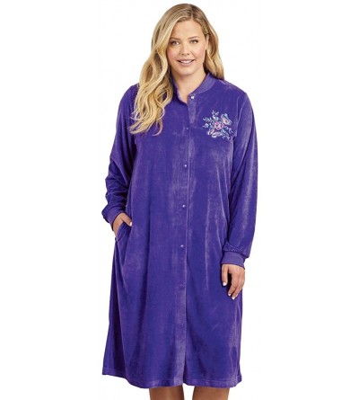 Robes Womens Fleece Robe with Pockets Embroidered Trim Bathrobe Lounger - Purple - CQ18ZY5HRCQ $26.68