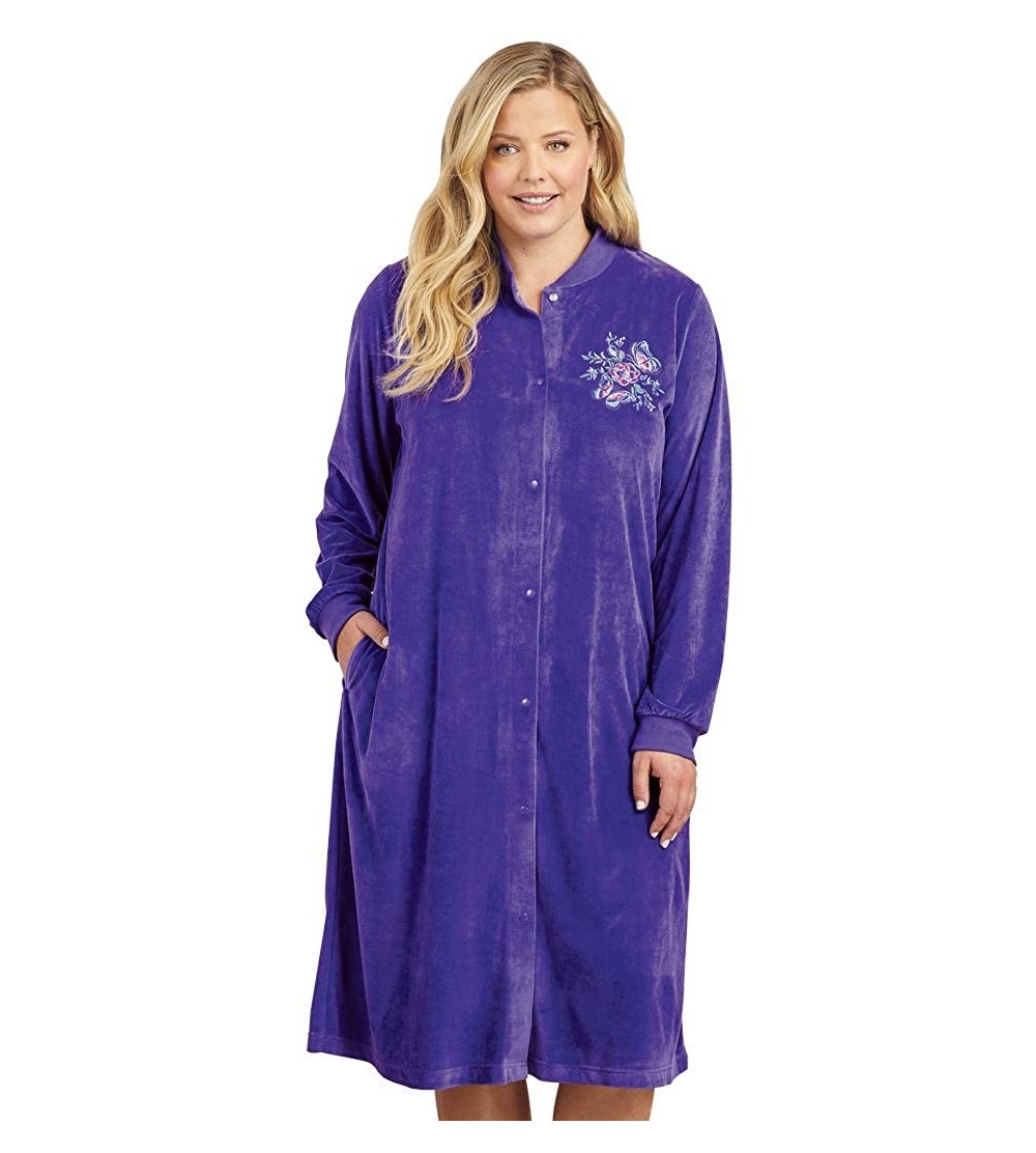Robes Womens Fleece Robe with Pockets Embroidered Trim Bathrobe Lounger - Purple - CQ18ZY5HRCQ $26.68