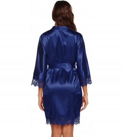 Robes Women's Satin Silk Bathrobe Oblique V-Neck Short Kimono Robe Bridesmaids Robe S-XXXL - Navy Blue - CU18LNRYDCN $22.15