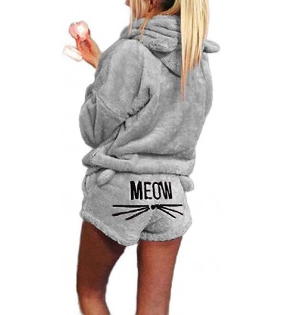 Sets Women's Hoodie Embroidered Sleepwear Fluffy Meow Shorts Pajamas Set - Grey - CD18YWHE7KR $20.90
