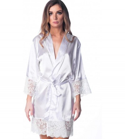 Robes Women's Lace Satin Silky Robe Bachelorette Kimono for Bride Bridesmaids Women - White - CX18LZ2T9KM $23.56