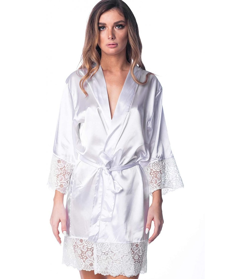 Robes Women's Lace Satin Silky Robe Bachelorette Kimono for Bride Bridesmaids Women - White - CX18LZ2T9KM $23.56