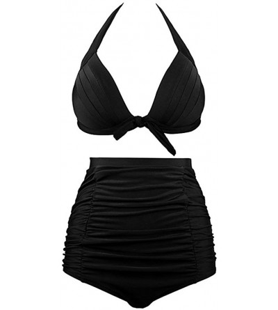 Tops Women's High Waist Bikini Swimwear Women's Vintage Print Beachwear Bikini Set Swimwear - B3-black - CH196M39EDO $11.77