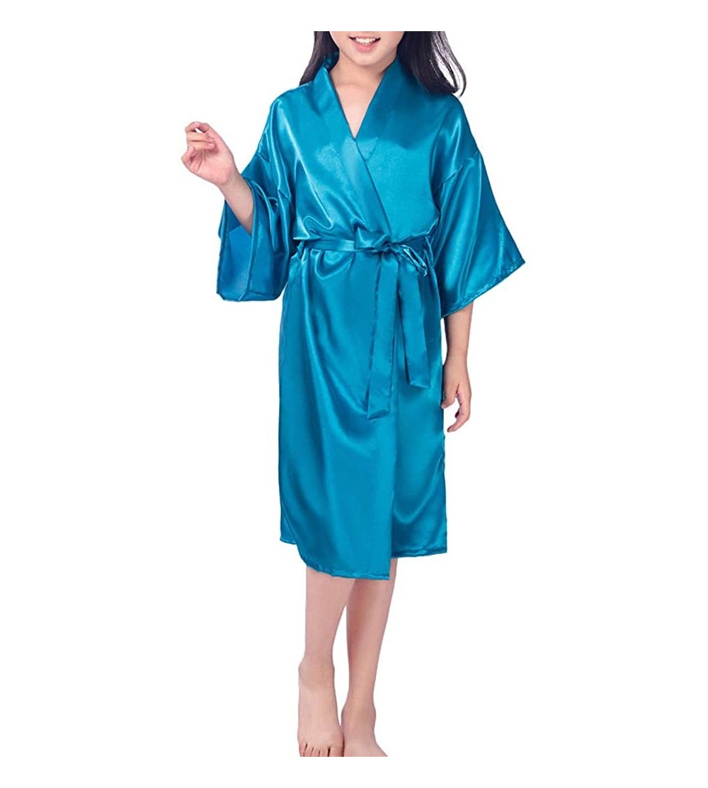Robes Childrens Silk Stain Pure Kimono Wedding Dressing Gown Oblique V Neck Kimono Robes Bridal Lingerie Sleepwear Blue - C51...