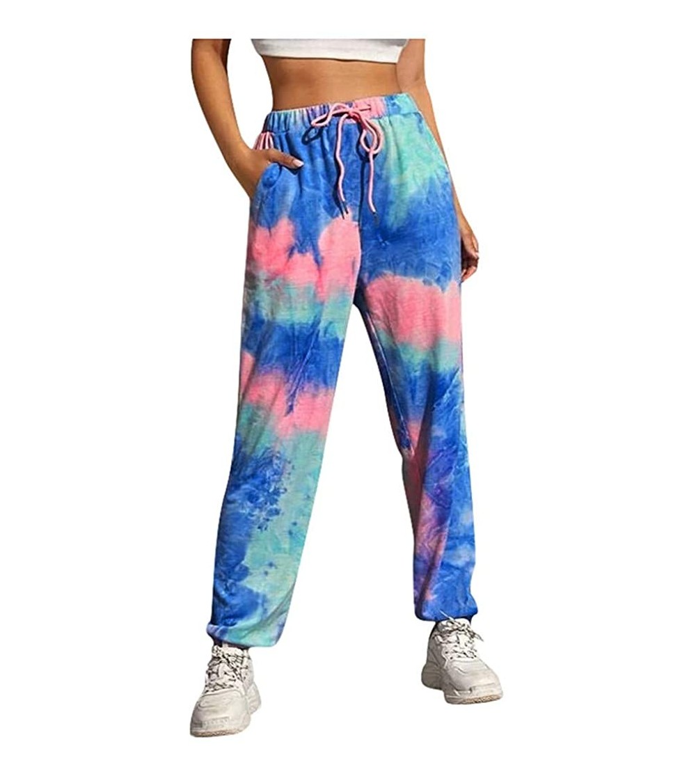 Bottoms Women Pants for Work Casual Summer Tie-Dye Printing Elastic Waist Soft Lounge Pockets Pant Pajama Pant - Blue - CT19E...