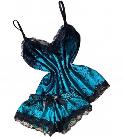 Sets Lingerie for Women New Camisole Bow Shorts V-Neck Tops Velvet Sexy Pajamas Sleepwear - Light Blue - CB196T730Q0 $26.85