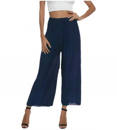 Bottoms Womens Middle Waist Comfy Chic Casual Solid Palazzo Lounge Pant - Navy Blue - CF19C9H6KG0 $26.92