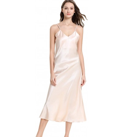 Nightgowns & Sleepshirts Womens Silky Nightdress Deep V-Neck Satin Full Slip Lingerie Sleepwear - Champagne - CZ18N9GD5U9 $20.03