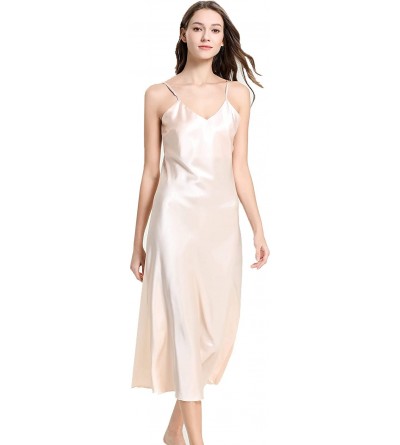Nightgowns & Sleepshirts Womens Silky Nightdress Deep V-Neck Satin Full Slip Lingerie Sleepwear - Champagne - CZ18N9GD5U9 $20.03