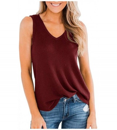 Thermal Underwear Women's V-Neck Waffle Knit Solid Color Tank Loose Sleeveless Henley Tunic Tops - Wine - C11952DHSE8 $16.71