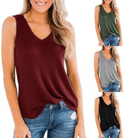 Thermal Underwear Women's V-Neck Waffle Knit Solid Color Tank Loose Sleeveless Henley Tunic Tops - Wine - C11952DHSE8 $16.71