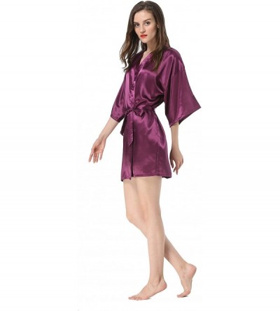 Robes Women's Solid Color Satin Short Kimono Robe - Dark Purple - C618SOY5GHM $17.68