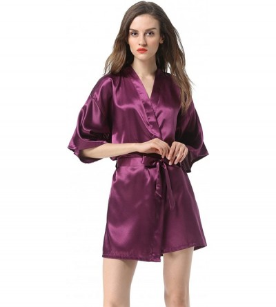 Robes Women's Solid Color Satin Short Kimono Robe - Dark Purple - C618SOY5GHM $17.68