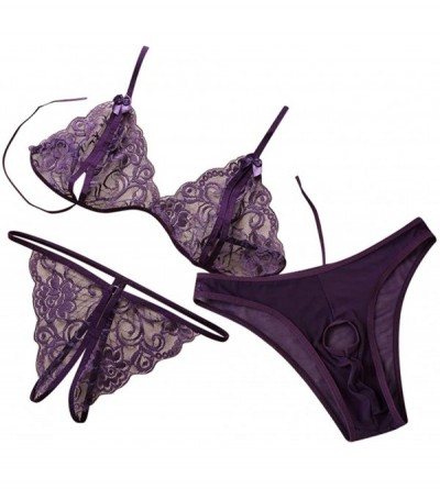 Nightgowns & Sleepshirts Embroidery Lingerie Transparent Hollow Underwear 3Piece Set Bra Thongs Men Panties - Purple - CS1940...