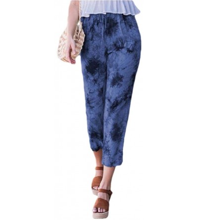 Bottoms Women Tie Dye Wide Leg Palazzo Lounge Pants Casual Loose Print Pant - Blue - CT19CASTZWE $26.35
