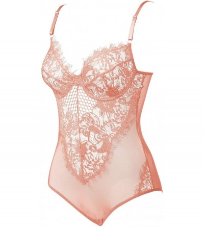 Baby Dolls & Chemises Womens Sexy Lace Teddy Lingerie One Piece Mesh Bodysuit with Underwire - Pink - CW19DYMG897 $20.94