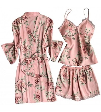 Sets Womens Lingerie Sexy Silk Satin Pajamas Set 3PCS Nightgown Cami Top Shorts Underwear Robe Sets Teddy Sleepwear Pink - C0...