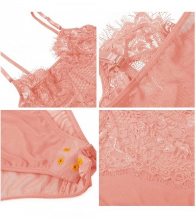 Baby Dolls & Chemises Womens Sexy Lace Teddy Lingerie One Piece Mesh Bodysuit with Underwire - Pink - CW19DYMG897 $20.94