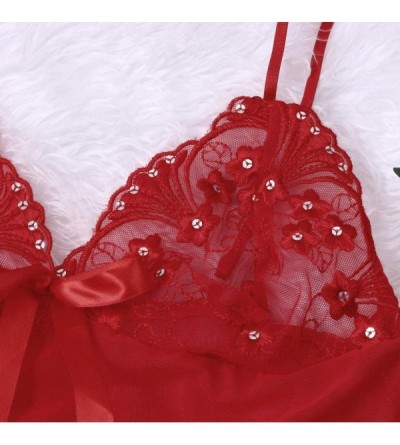 Nightgowns & Sleepshirts Women Sexy Nightwear Dress Plus Size Floral Lace V Neck Babydoll Nightdress Mesh Sleepwear - Red - C...