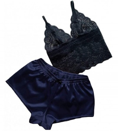 Sets Women's Pajamas 2PC Sleepwear Lingerie Lace Satin Bowknot Cami Bralette and Shorts Pajama Sets - Navy - CJ194UQ0ADQ $7.48