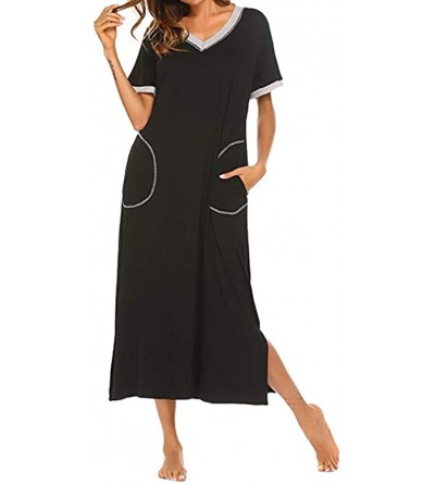 Nightgowns & Sleepshirts Long Sleepwear Women's Casual V Neck Nightgown Short Sleeve Striped Sleep Shirt with Pocket - Black ...