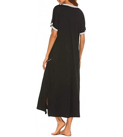 Nightgowns & Sleepshirts Long Sleepwear Women's Casual V Neck Nightgown Short Sleeve Striped Sleep Shirt with Pocket - Black ...