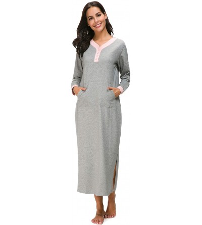 Nightgowns & Sleepshirts Womens Lightweight Cotton Nightgown Pullover Sleepwear Full Length Loungewear with Pocket - Gray - C...