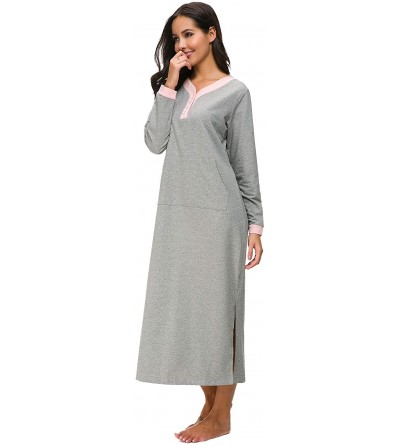 Nightgowns & Sleepshirts Womens Lightweight Cotton Nightgown Pullover Sleepwear Full Length Loungewear with Pocket - Gray - C...