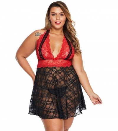 Robes Women's Plus Size Lace Babydoll Chemise Lingerie Dress Sleepwear - Red 31236 - C81976AXDKW $19.62