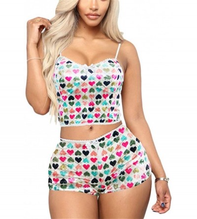 Sets Sexy Pajamas for Women - Two Piece Outfits Shorts + Crop Top Sleepwear Pjs Set - White With Heart - CW19EE4NMIG $18.39