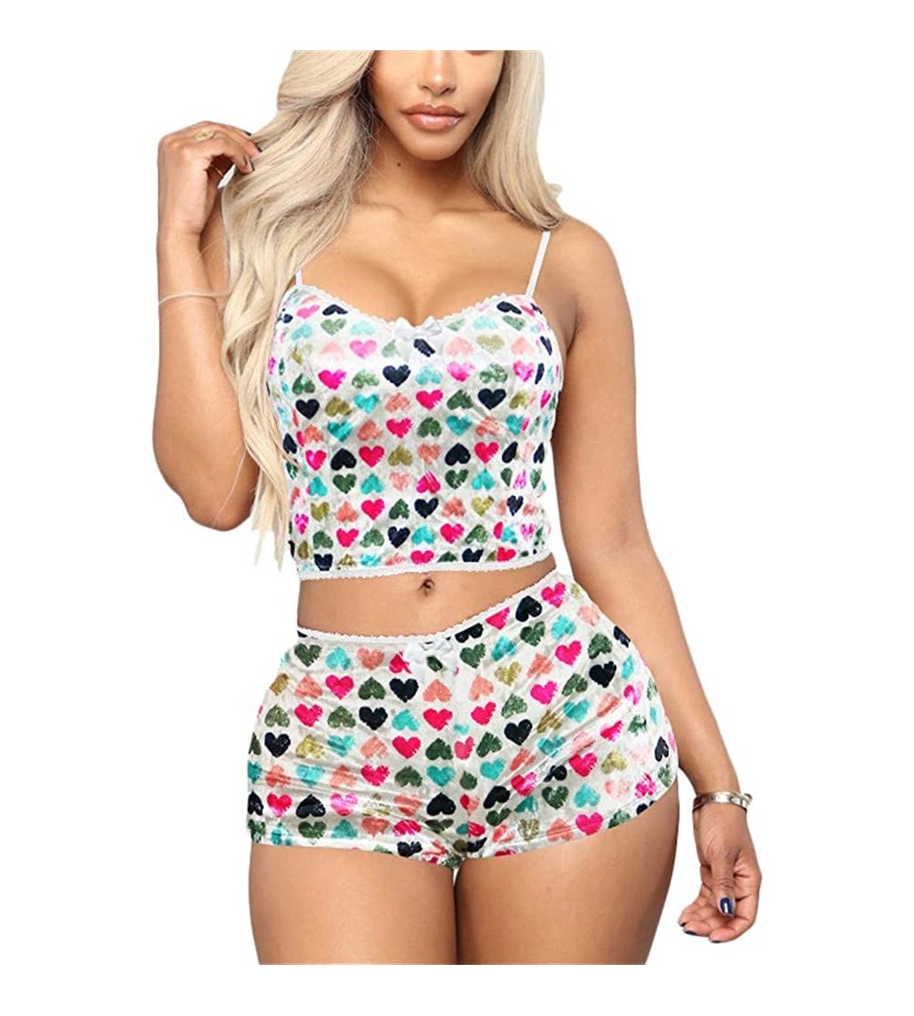 Sets Sexy Pajamas for Women - Two Piece Outfits Shorts + Crop Top Sleepwear Pjs Set - White With Heart - CW19EE4NMIG $18.39