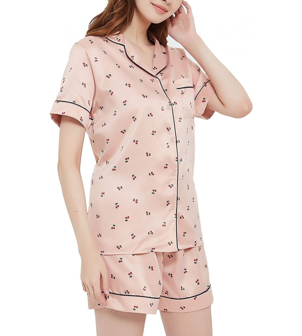 Sets Womens Satin Pajama Set Shorts Button Down Silk Sleepwear Lounge Sets - Pink and Cherry - CF199GIYLNK $25.25
