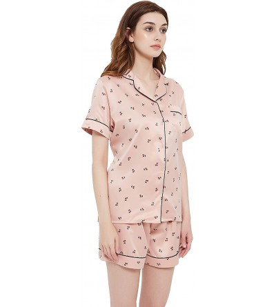 Sets Womens Satin Pajama Set Shorts Button Down Silk Sleepwear Lounge Sets - Pink and Cherry - CF199GIYLNK $25.25